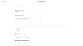 Add opportunity page. There are fields to fill out the opportunity type, name, stage, a description, compensation, and dates